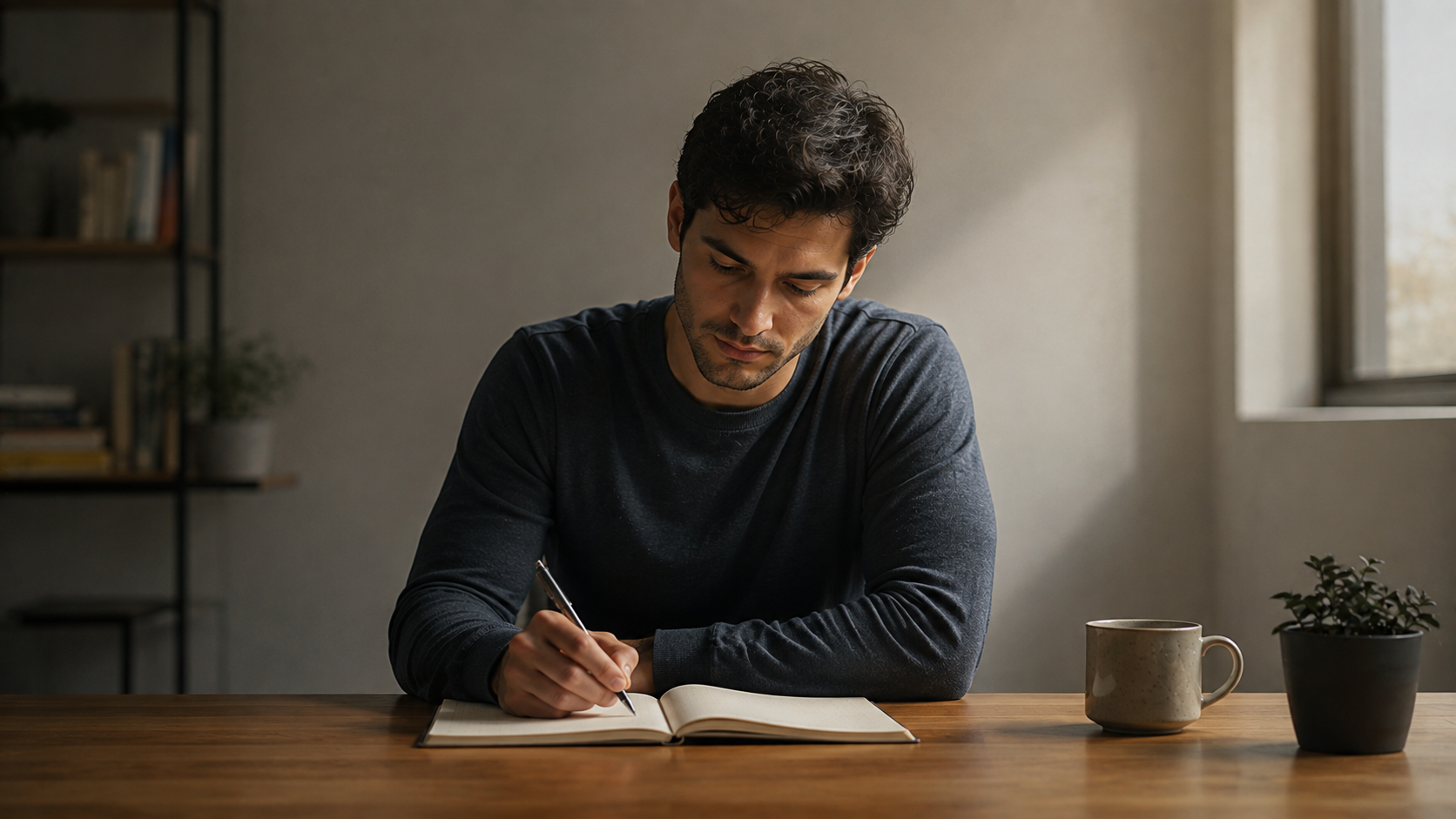 Adult preparing for focused work with distractions kept out of reach, because he is focusing on how to build self discipline.